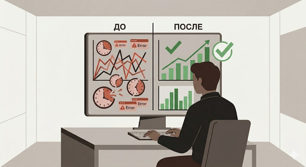 Сравнение «До» и «После»: хаос с ошибками и время против роста и галочек